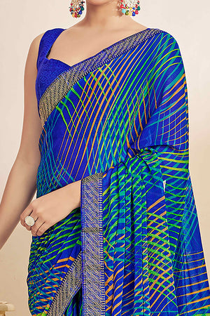 Blue Chiffon Saree Adorned With Artistic Print & Finely Crafted Woven Lace Border
