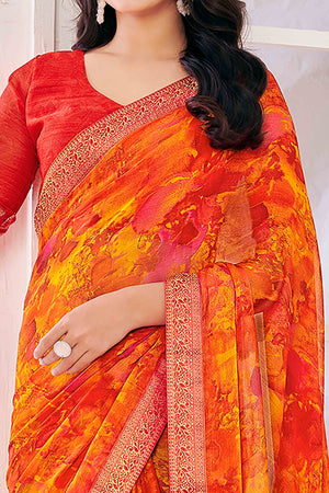 Orange Chiffon Saree with Tie-Dye Abstract Print & Lace Work With Lace Work