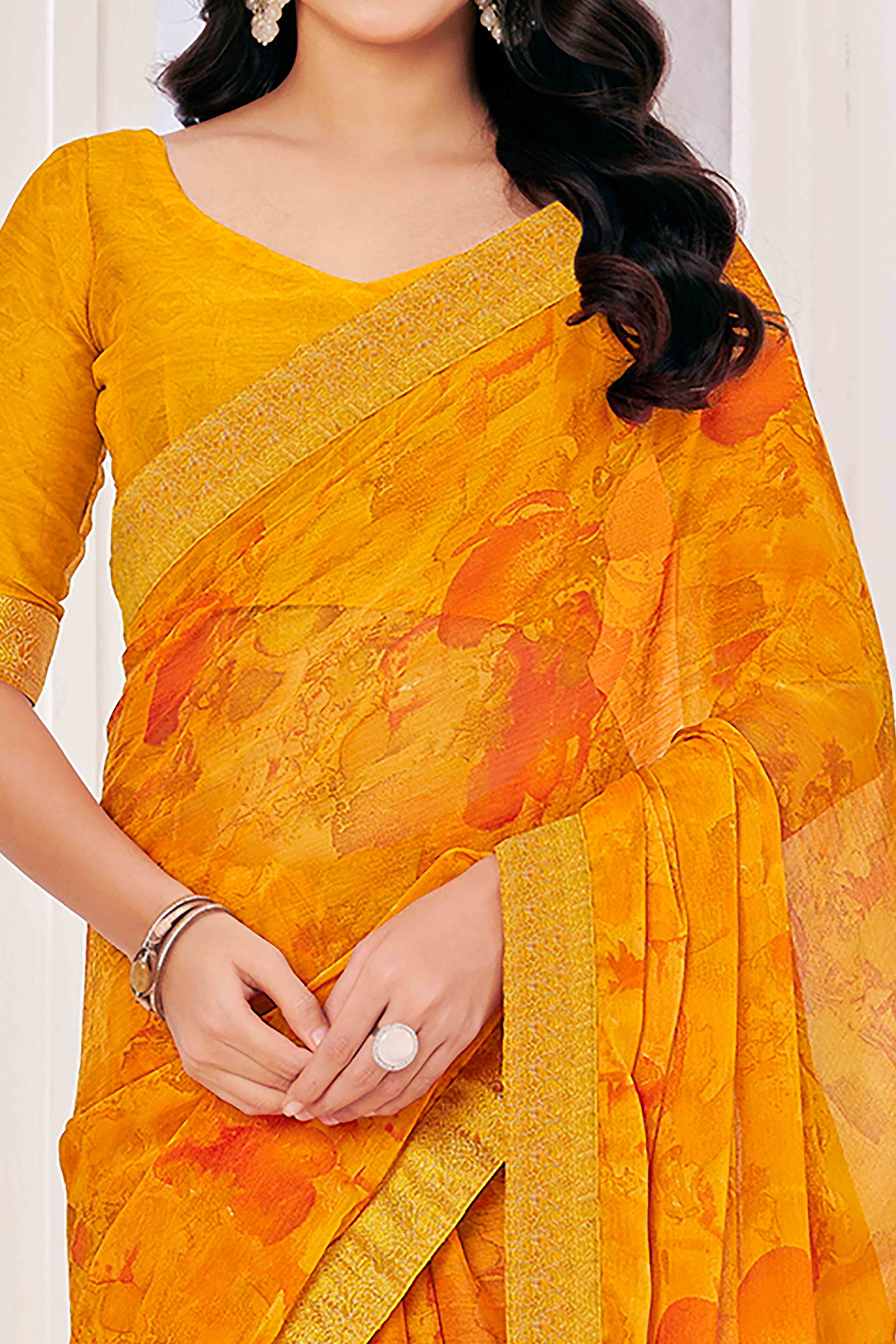 Mustard Chiffon Saree with Tie-Dye Abstract Print & Lace Work With Lace Work
