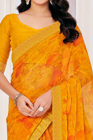 Mustard Chiffon Saree with Tie-Dye Abstract Print & Lace Work With Lace Work