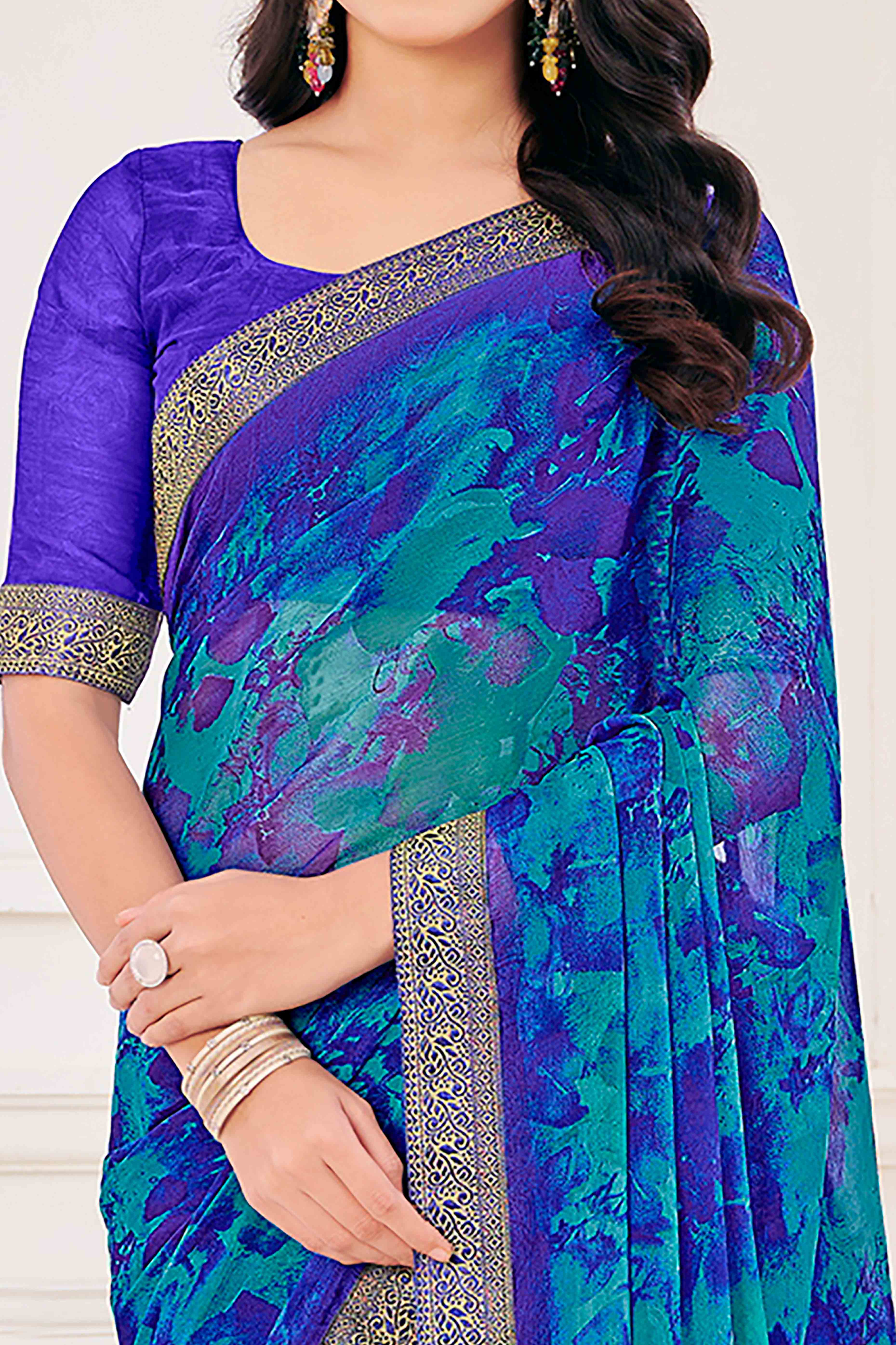 Blue Chiffon Saree with Tie-Dye Abstract Print & Lace Work With Lace Work