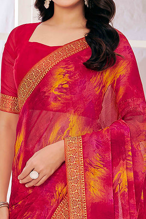 Pink Chiffon Saree with Tie-Dye Abstract Print & Lace Work With Lace Work