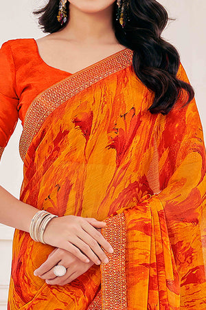 Orange Chiffon Saree with Tie-Dye Abstract Print & Lace Work With Lace Work