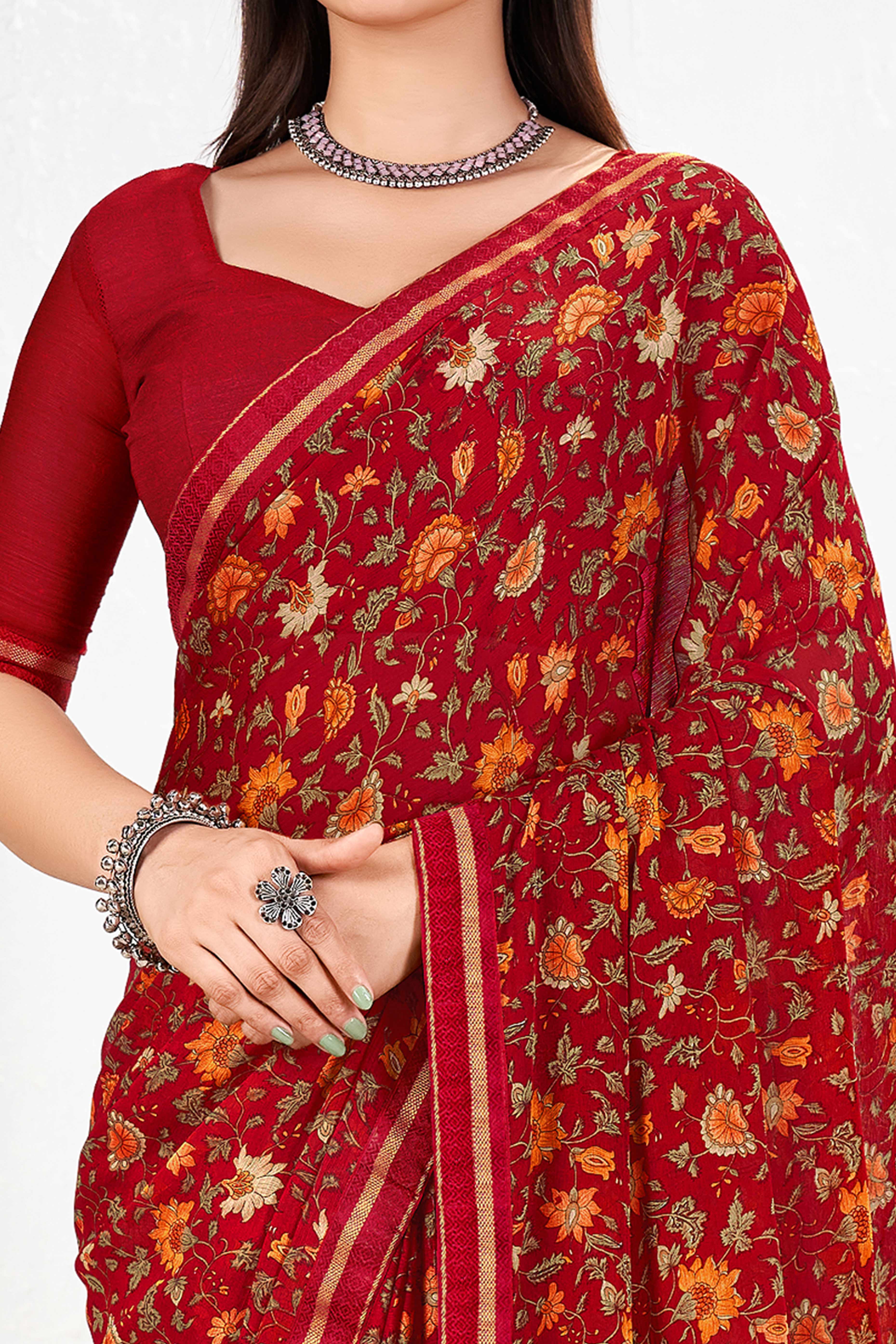 Refreshing Floral Printed Chiffon Saree In Maroon With Delicate Lace Border