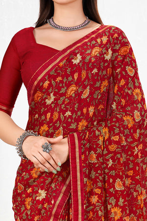 Refreshing Floral Printed Chiffon Saree In Maroon With Delicate Lace Border