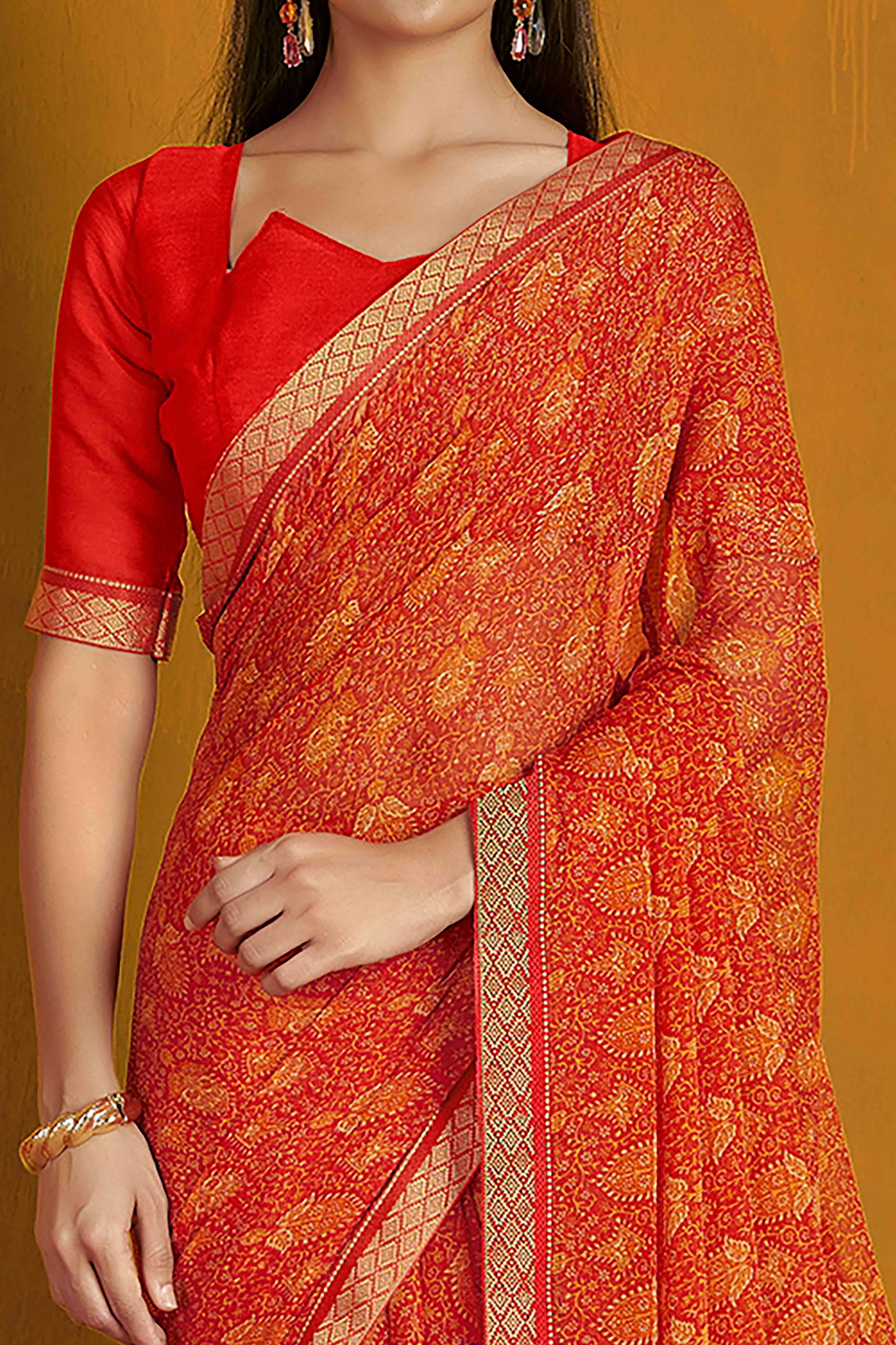 Floral Printed Chiffon Saree in Red with Elegant Lace Work for Casual Occasions