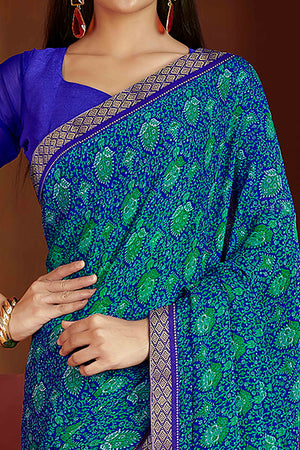 Floral Printed Chiffon Saree in Blue with Elegant Lace Work for Casual Occasions