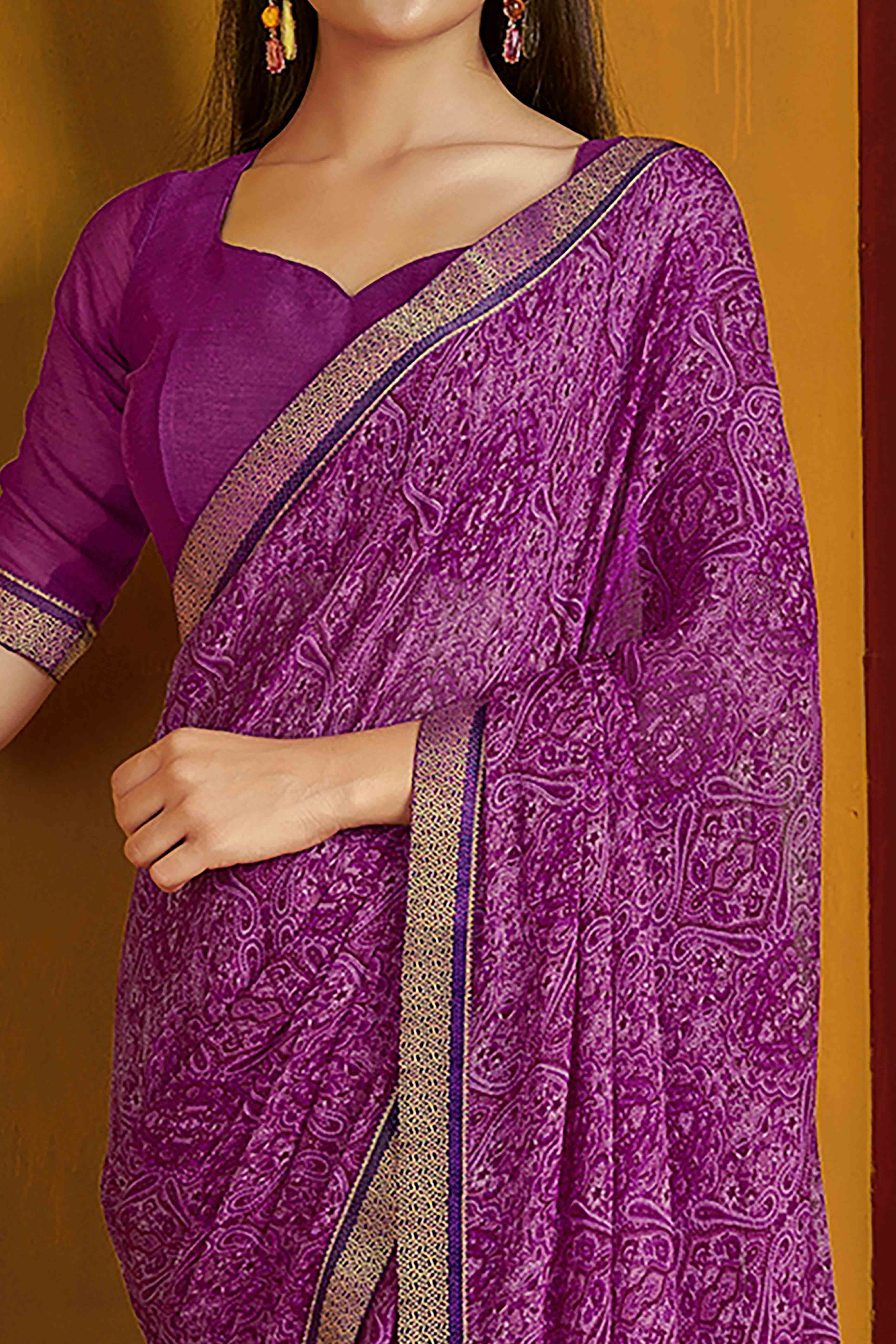 Floral Printed Chiffon Saree in Purple with Elegant Lace Work for Casual Occasions