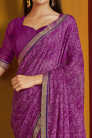 Floral Printed Chiffon Saree in Purple with Elegant Lace Work for Casual Occasions