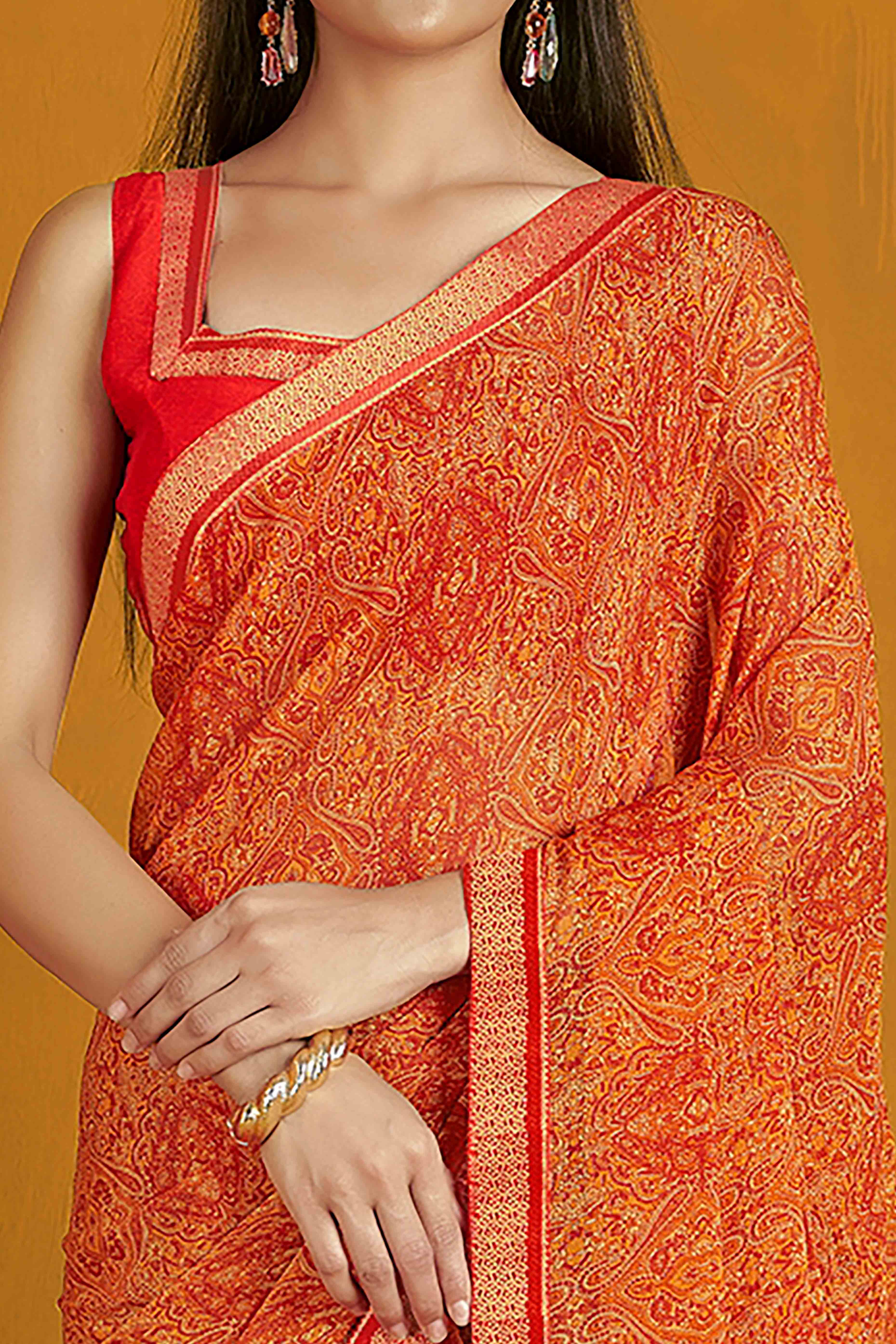 Floral Printed Chiffon Saree in Orange with Elegant Lace Work for Casual Occasions