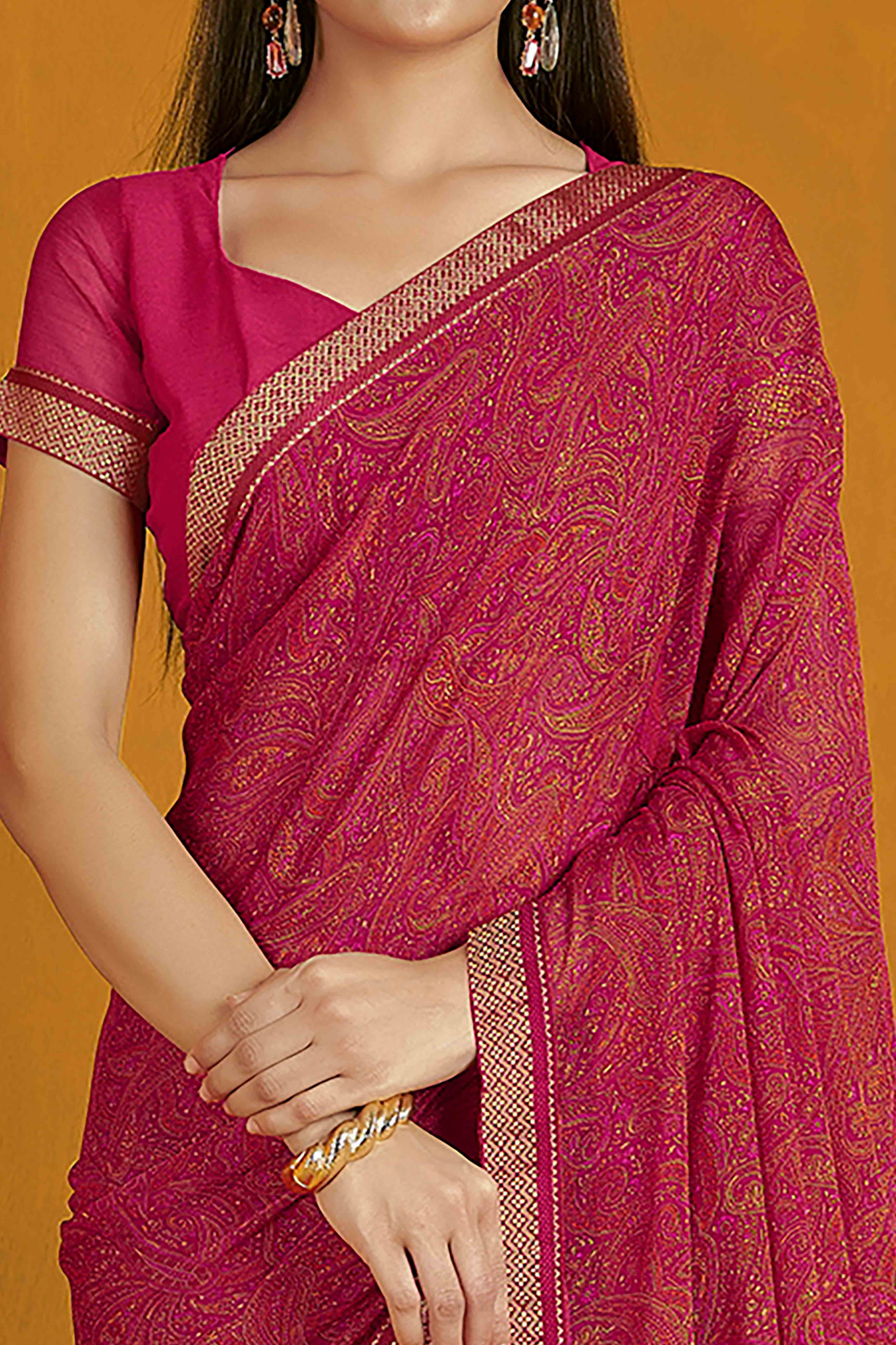 Floral Printed Chiffon Saree in Deep Pink with Elegant Lace Work for Casual Occasions