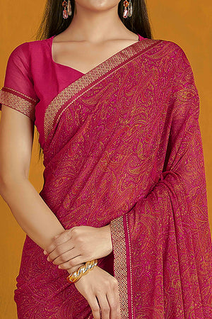 Floral Printed Chiffon Saree in Deep Pink with Elegant Lace Work for Casual Occasions