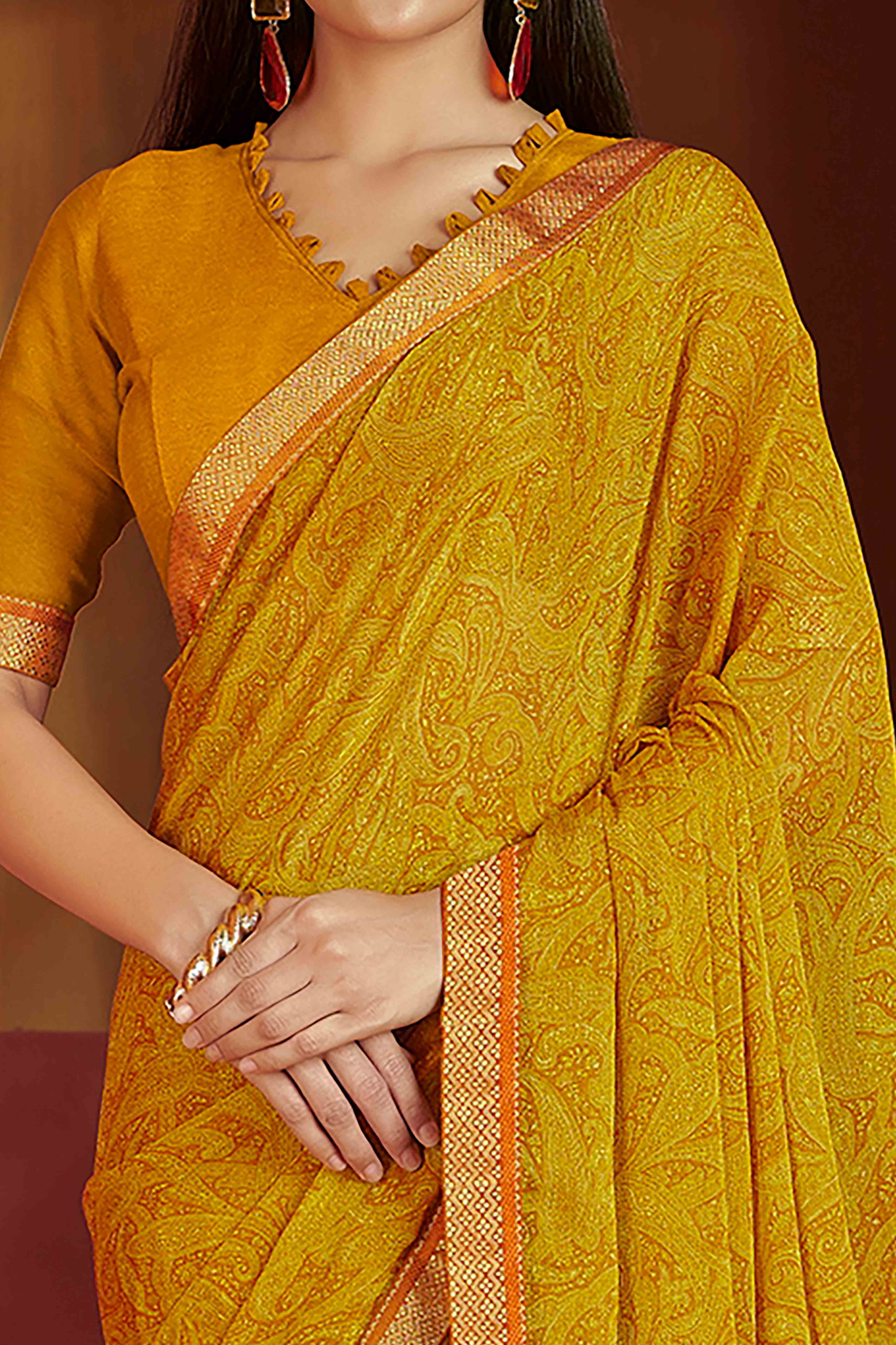 Floral Printed Chiffon Saree in Mustard with Elegant Lace Work for Casual Occasions