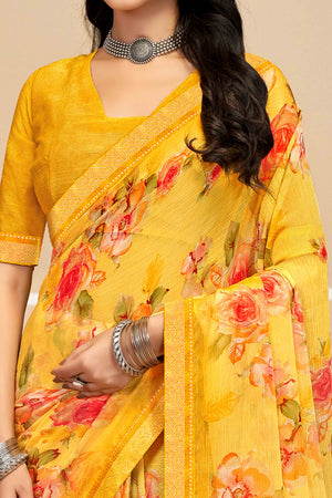 Refreshing Floral Printed Chiffon Saree In Mustard with Delicate Woven Lace Border