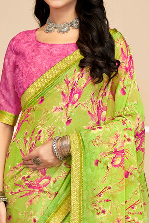Stunning Floral Printed Chiffon Saree In Green with Delicate Woven Lace Border