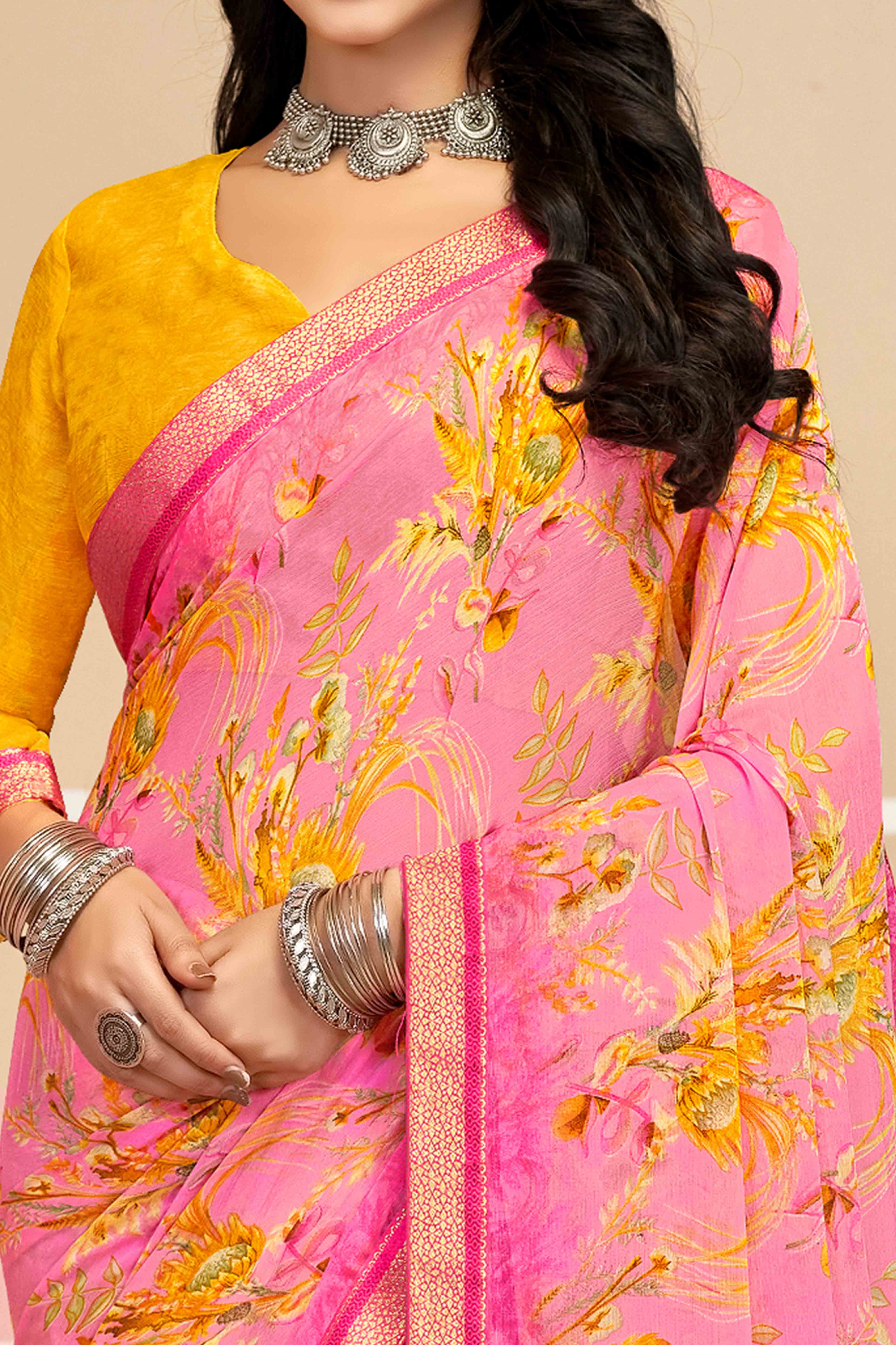 Refreshing Floral Printed Chiffon Saree In Pink with Delicate Woven Lace Border