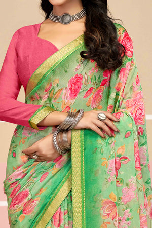 Stunning Floral Printed Chiffon Saree In Green with Delicate Woven Lace Border