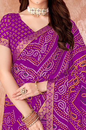 Purple Chiffon Saree Featuring Traditional Bandhani Prints & A Graceful Lace Edge