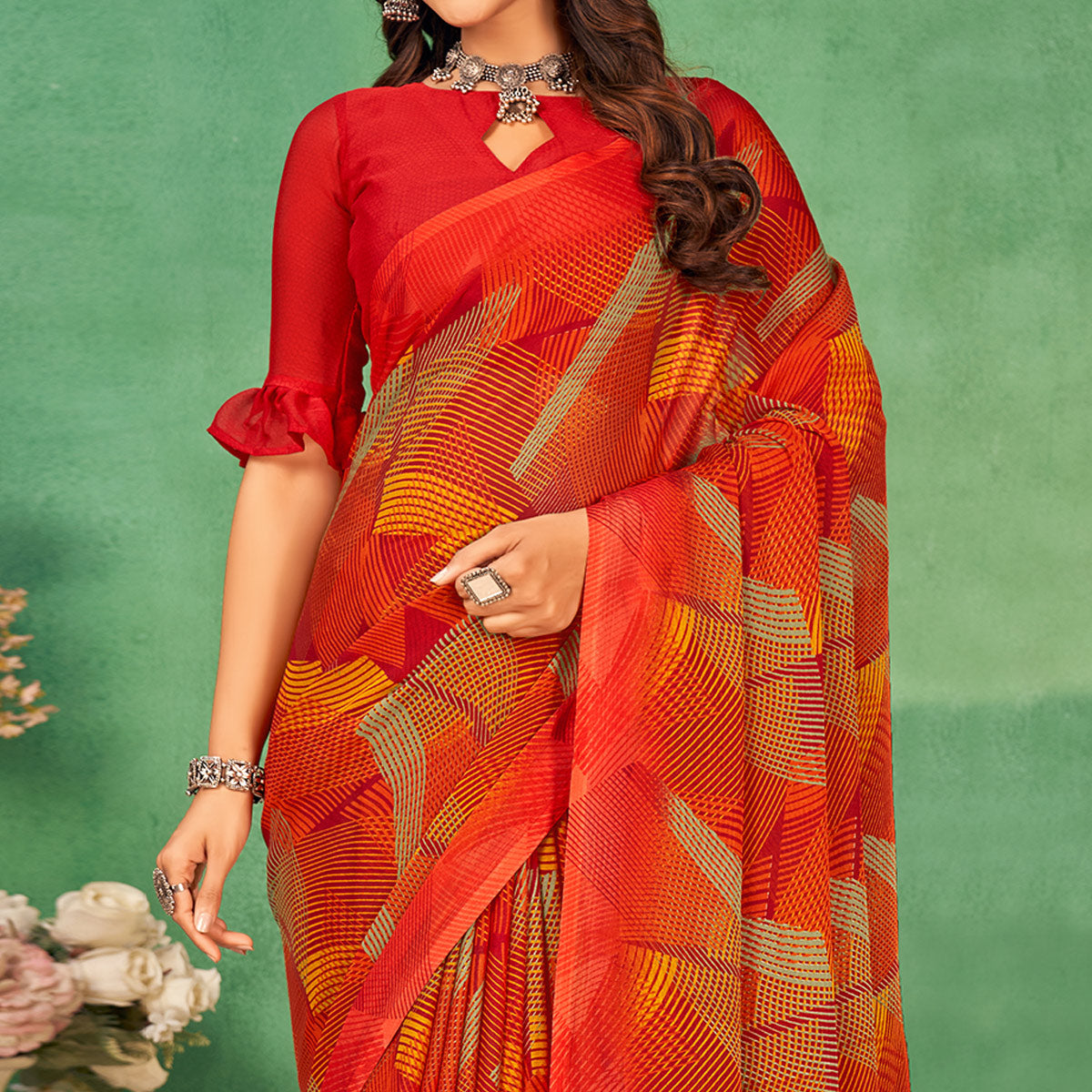 Red Geometric Printed Chiffon Saree