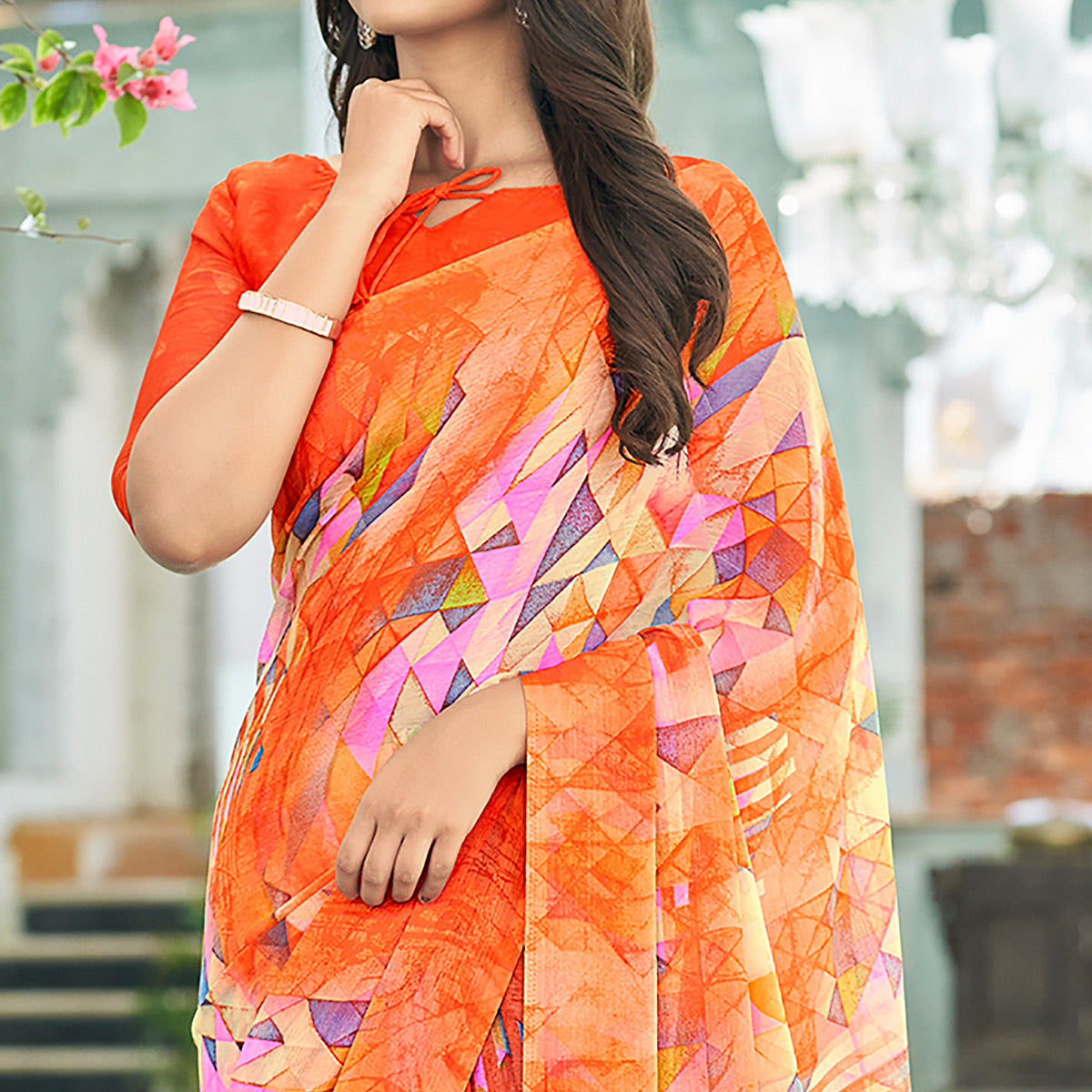 Orange Geometric Printed Chiffon Saree