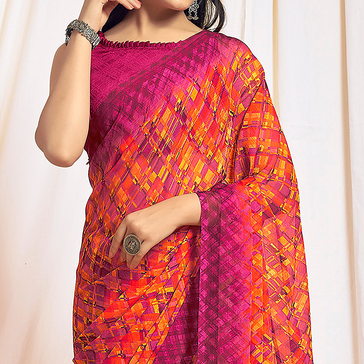 Orange Printed Chiffon Saree