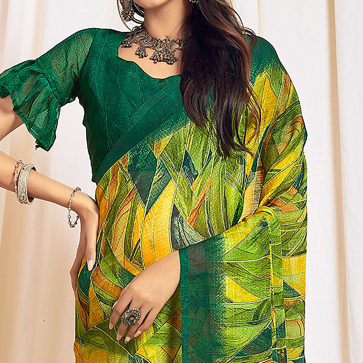 Green Printed Chiffon Saree