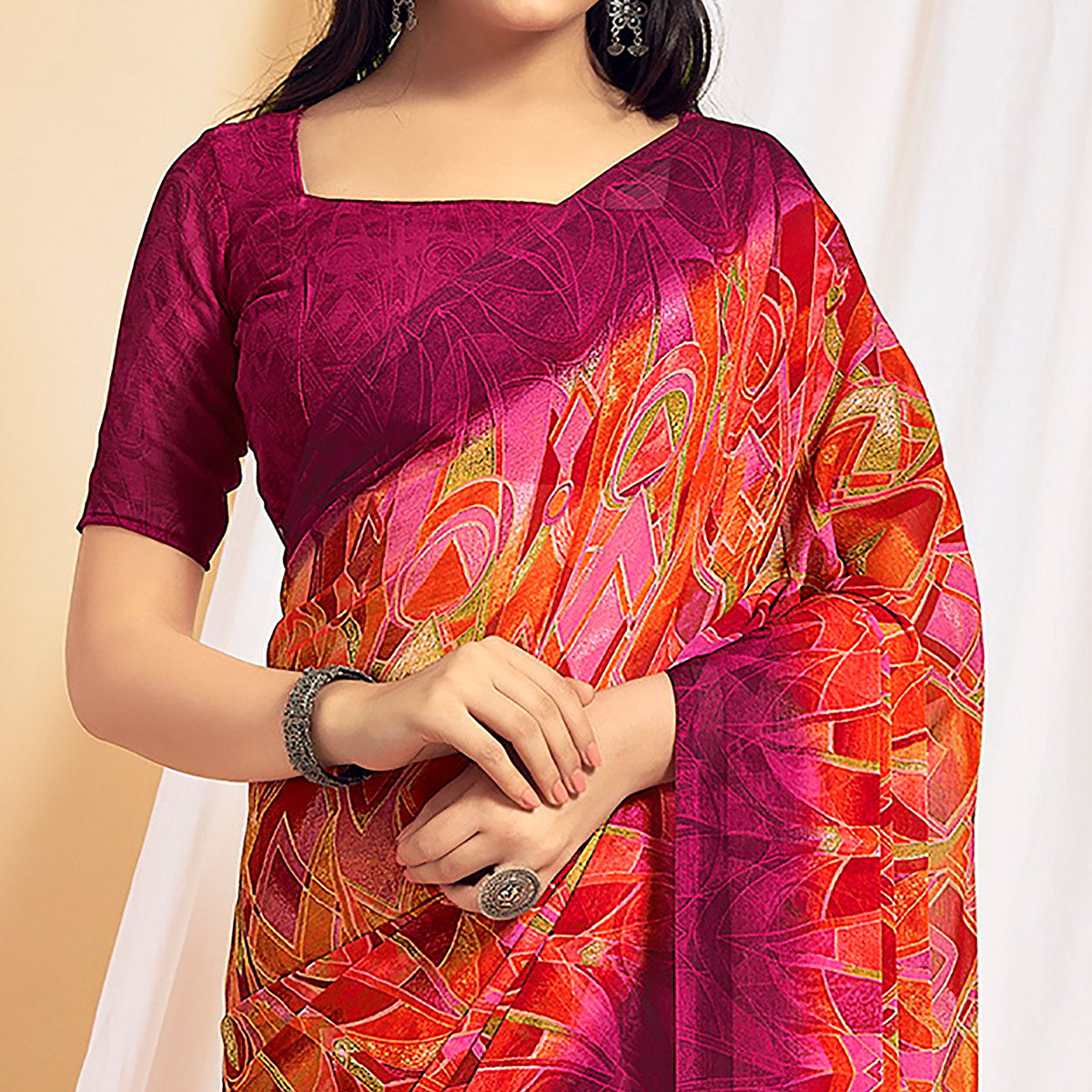 Orange Printed Chiffon Saree