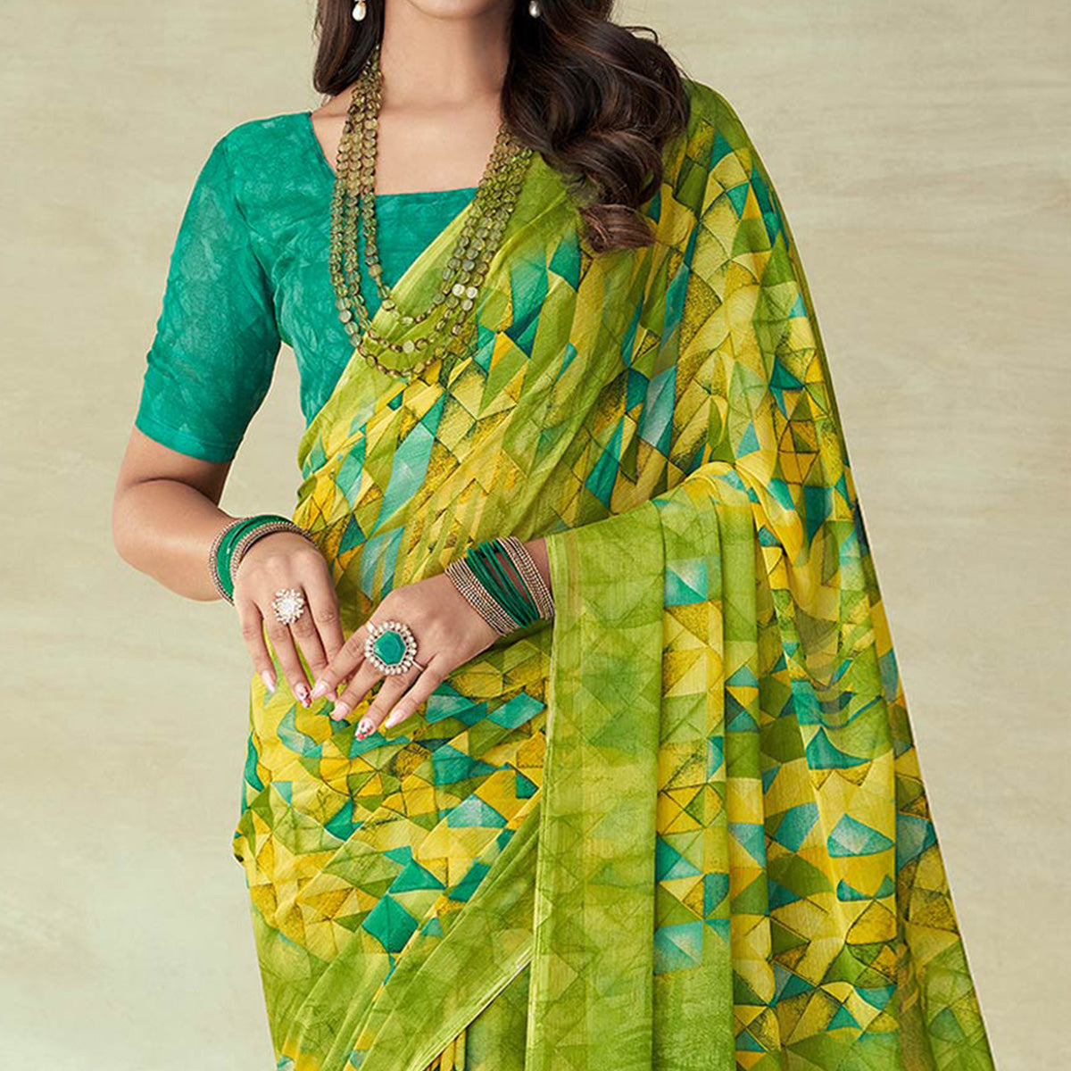 Yellow & Green Geometric Printed Chiffon Saree