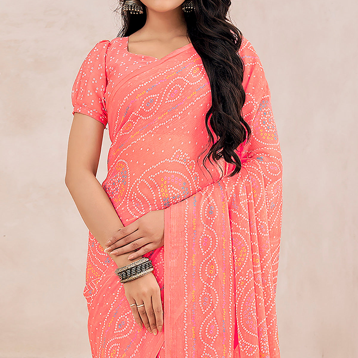 Peach Bandhani Printed Chiffon Saree