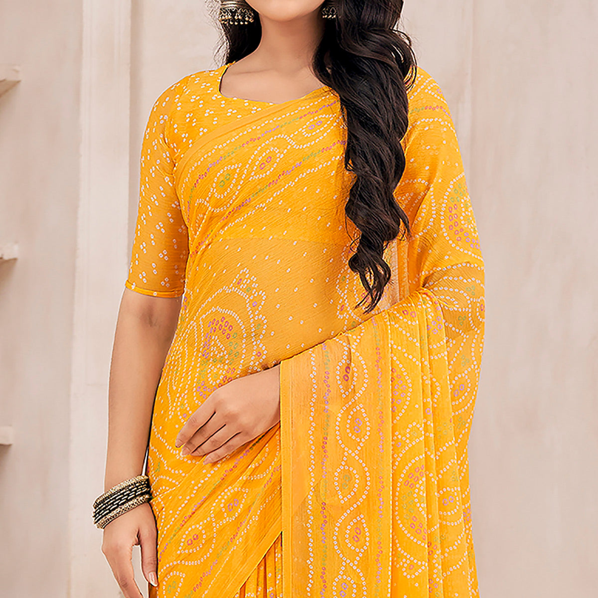 Yellow Bandhani Printed Chiffon Saree