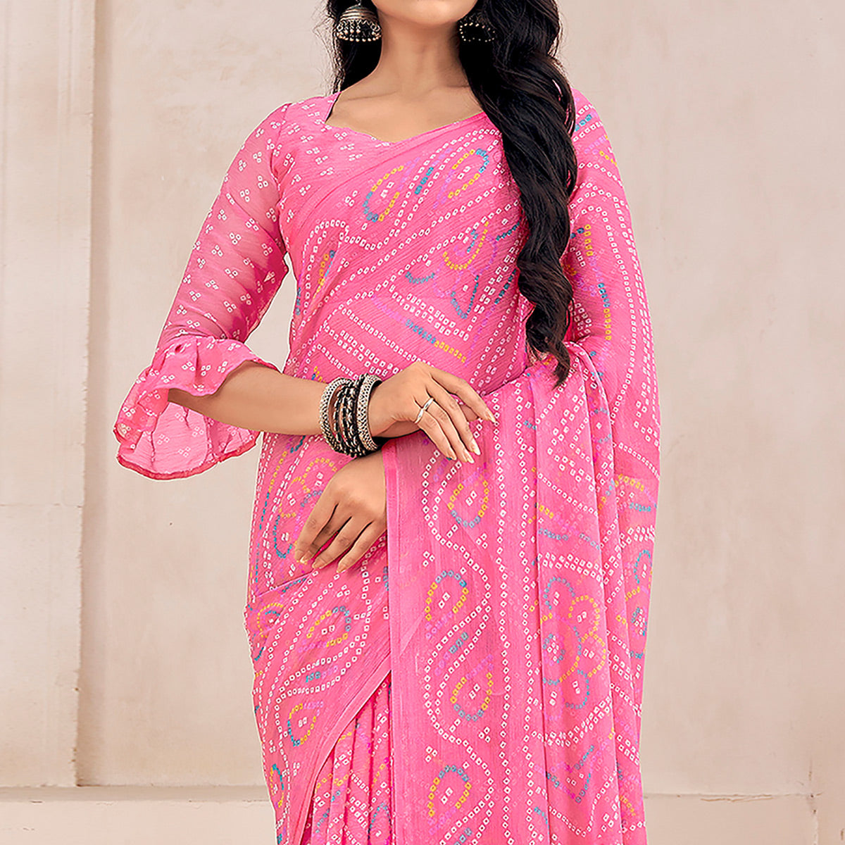 Pink Bandhani Printed Chiffon Saree