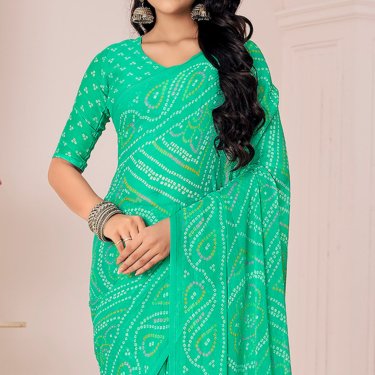 Turquoise Bandhani Printed Chiffon Saree