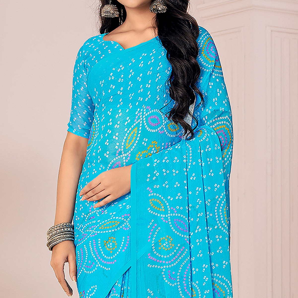 Blue Bandhani Printed Chiffon Saree