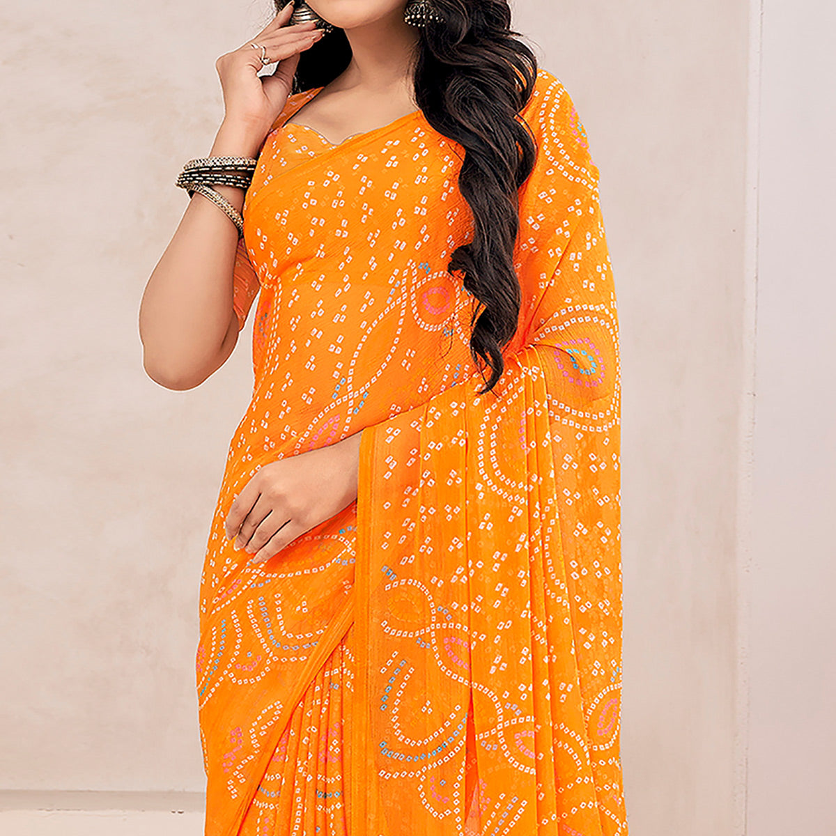 Orange Bandhani Printed Chiffon Saree