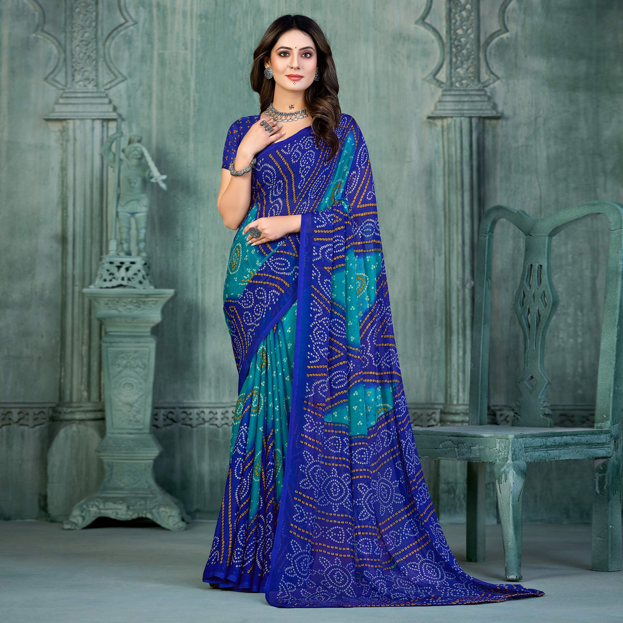 Blue & Teal Bandhani Printed Chiffon Saree