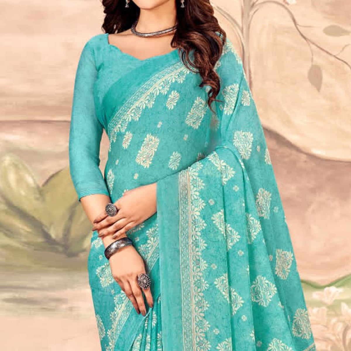 Turquoise Floral Printed Chiffon Saree