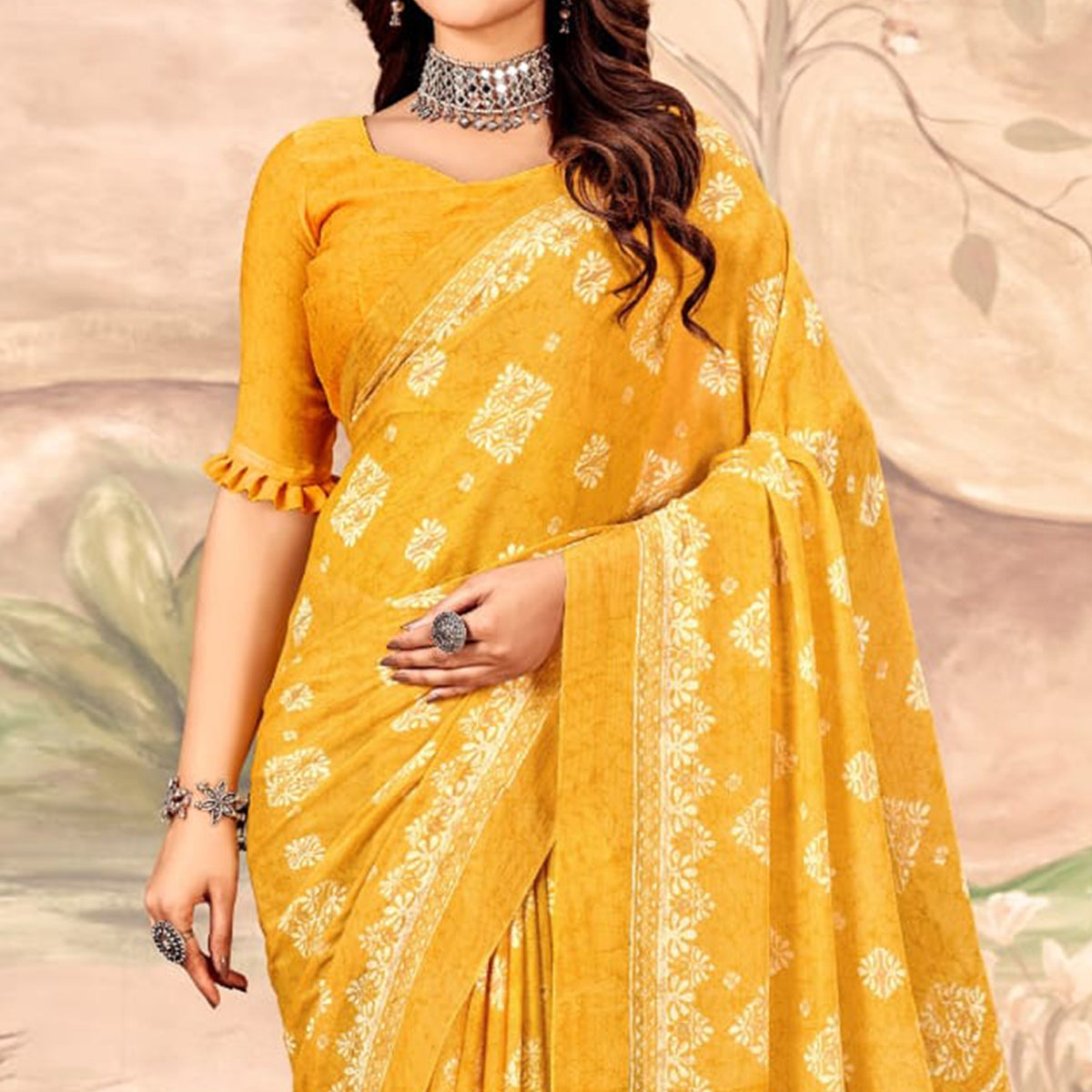 Mustard Floral Printed Chiffon Saree
