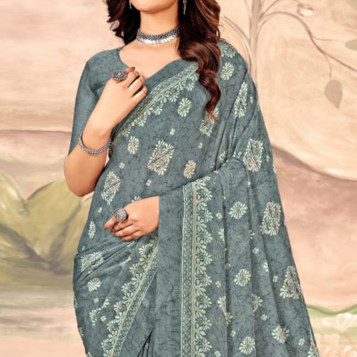 Grey Floral Printed Chiffon Saree