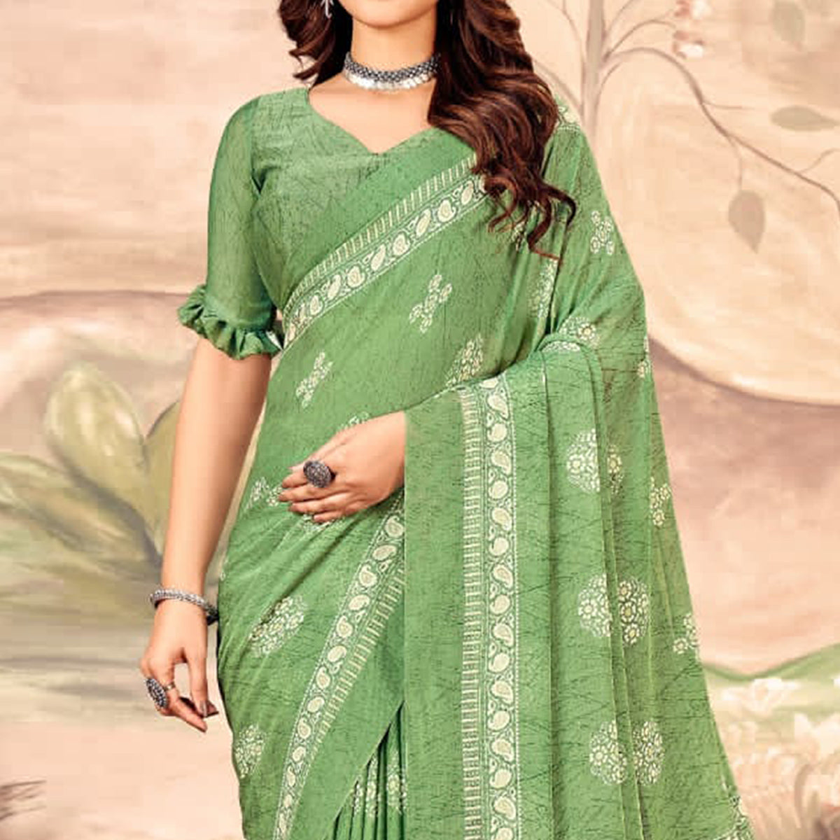 Green Floral Printed Chiffon Saree