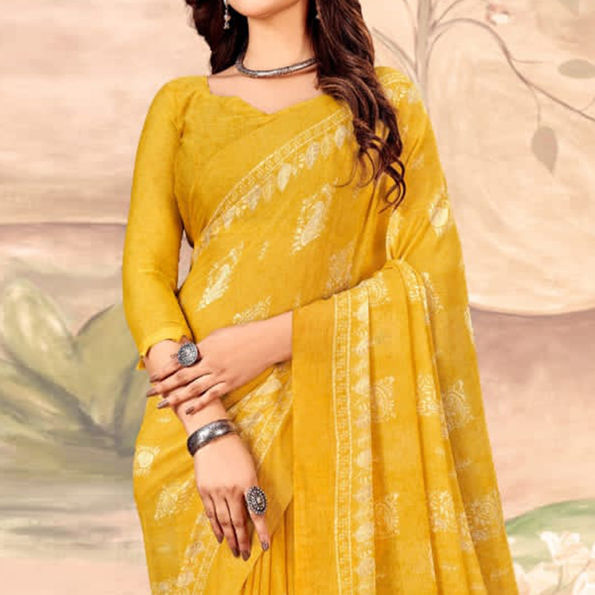 Mustard Floral Printed Chiffon Saree
