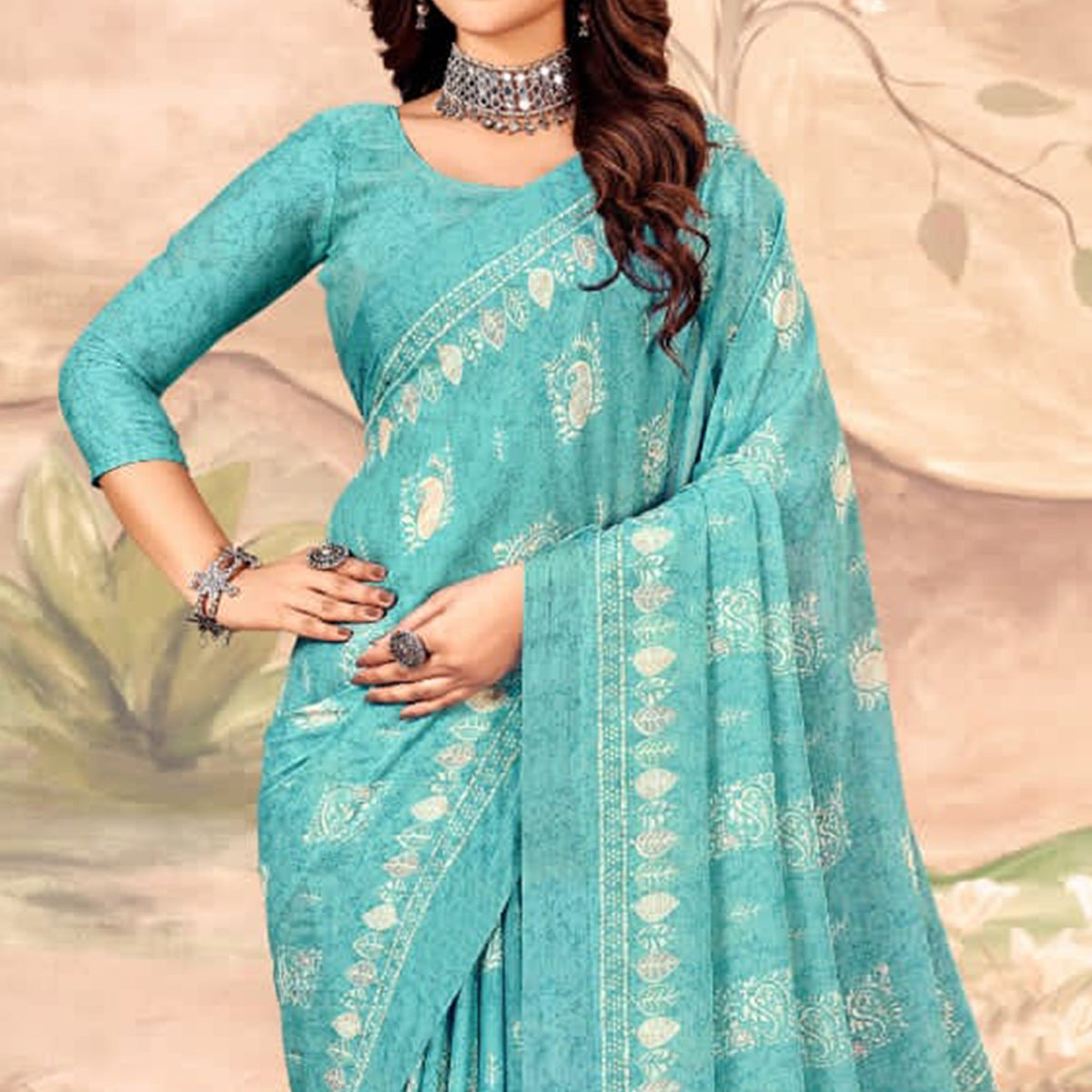 Sky Blue Floral Printed Chiffon Saree