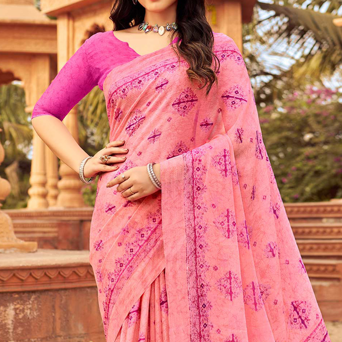 Pink Floral Printed Chiffon Saree