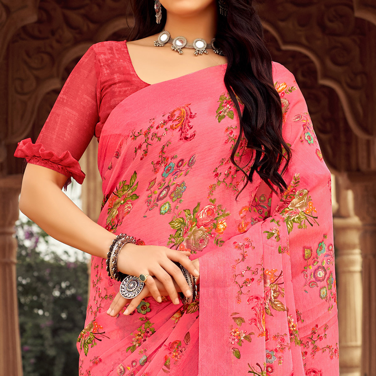 Pink Floral Printed Chiffon Saree