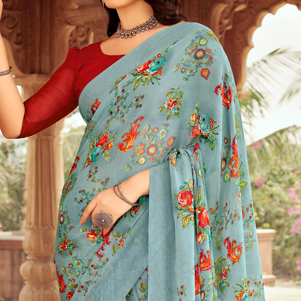 Grey Floral Printed Chiffon Saree