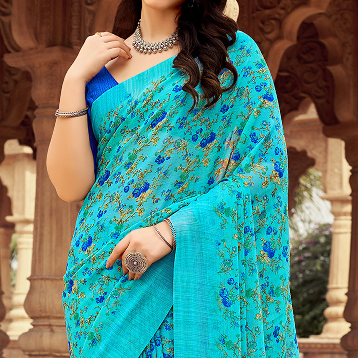 Sky blue Floral Printed Chiffon Saree