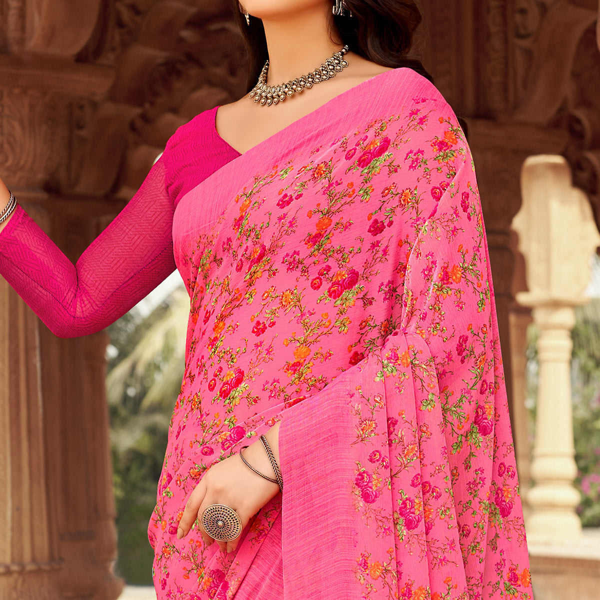 Pink Floral Printed Chiffon Saree