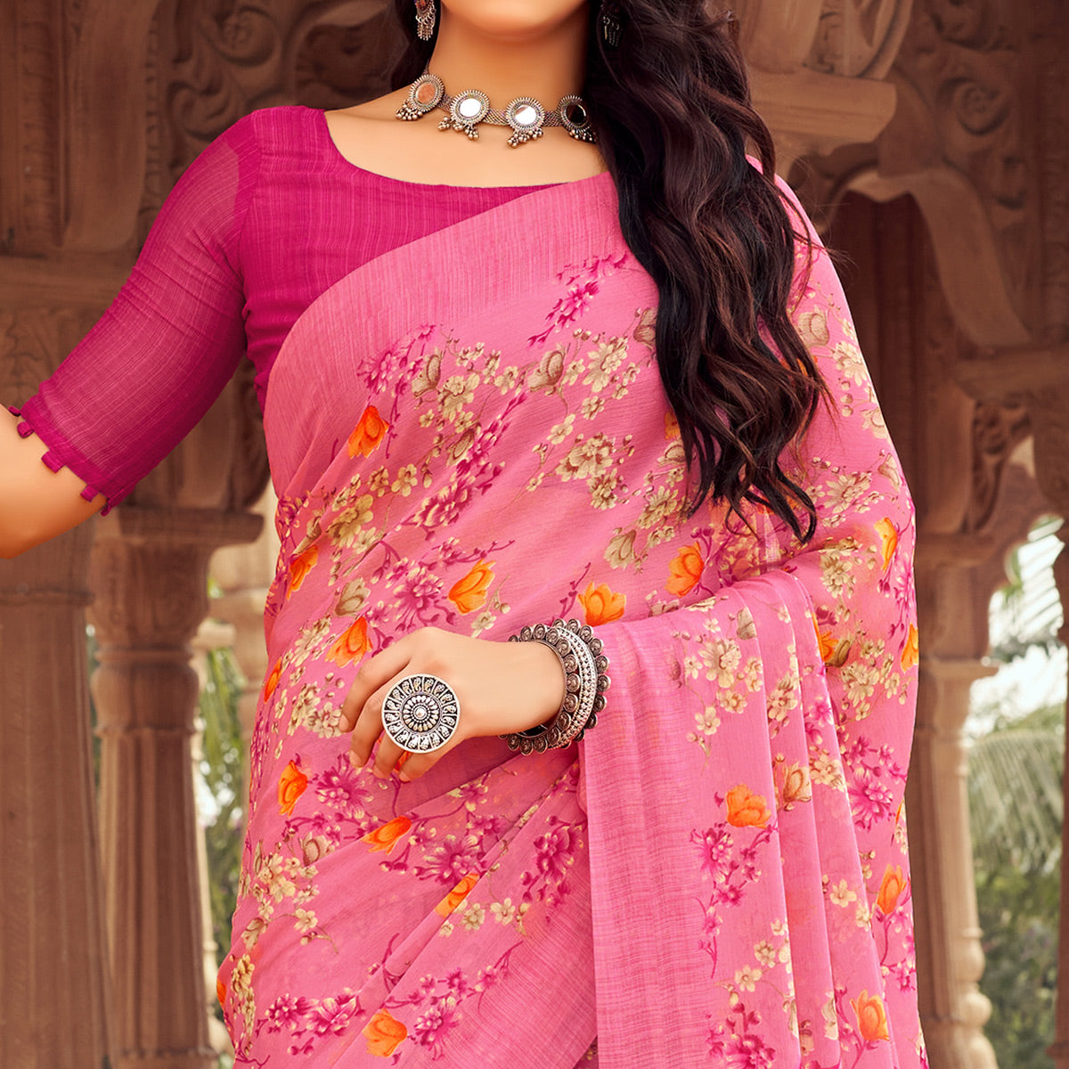 Pink Floral Printed Chiffon Saree