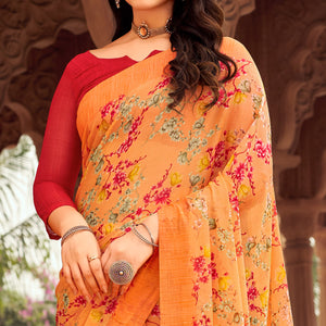 Orange Floral Printed Chiffon Saree