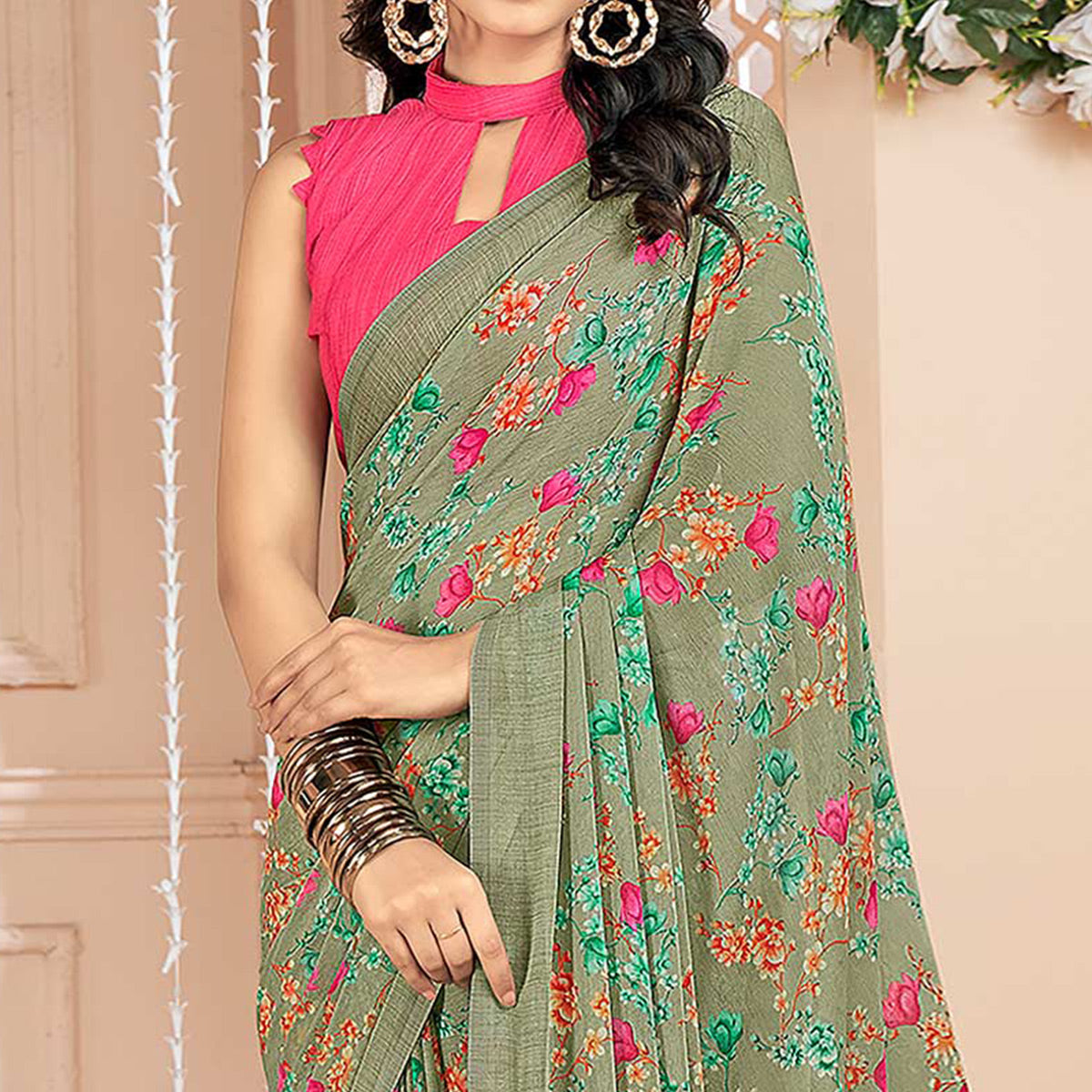 Olive Green Floral Printed Chiffon Saree
