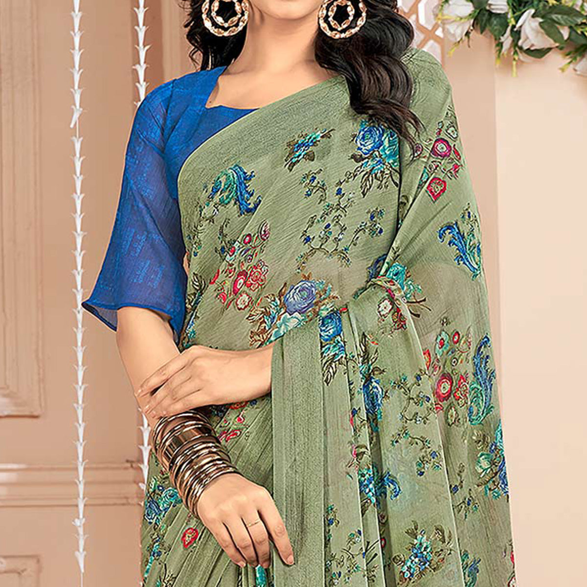Olive Green Floral Printed Chiffon Saree